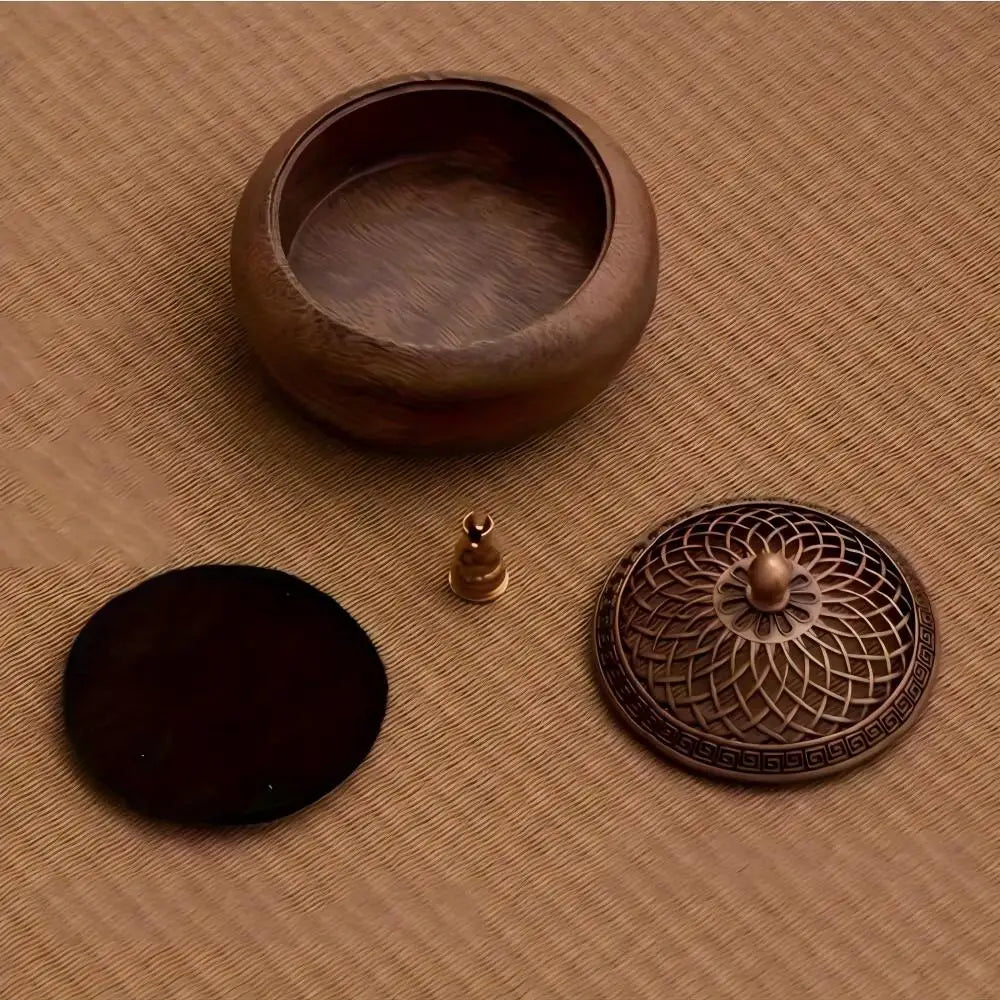 Round solid wood incense tray with lid, plus separate round base insert