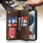 Brown MagSafe flip wallet with 6 card slots and 2 cash slots, open
