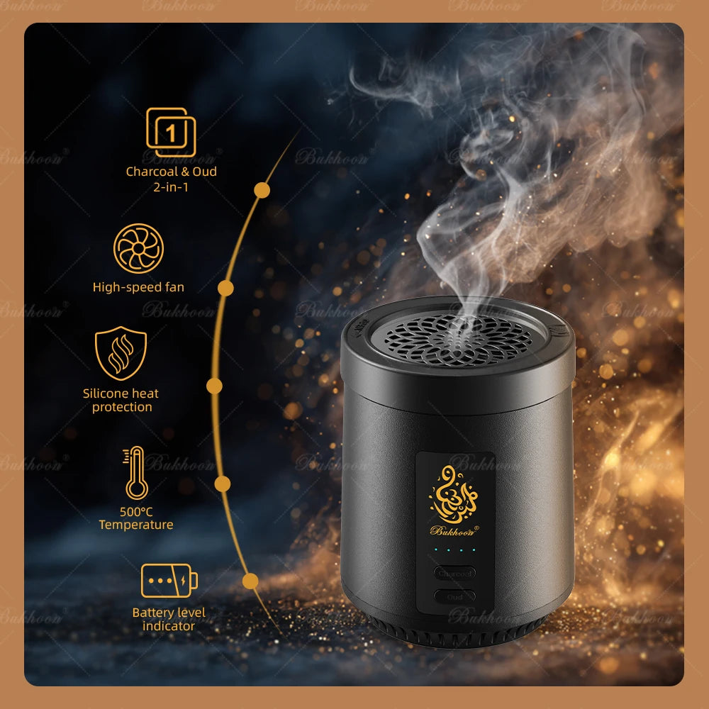 USB portable bakhoor burner, top vent and smoke; charcoal & oud 2-in-1