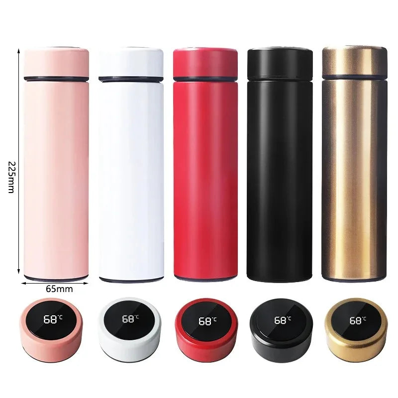 Assorted insulated thermos bottles with round lids and digital temperature display