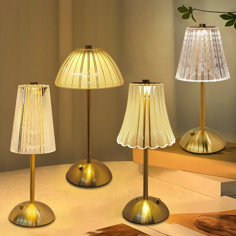 Cordless dimmable decor night lamp with gold pleated shade and round brass base