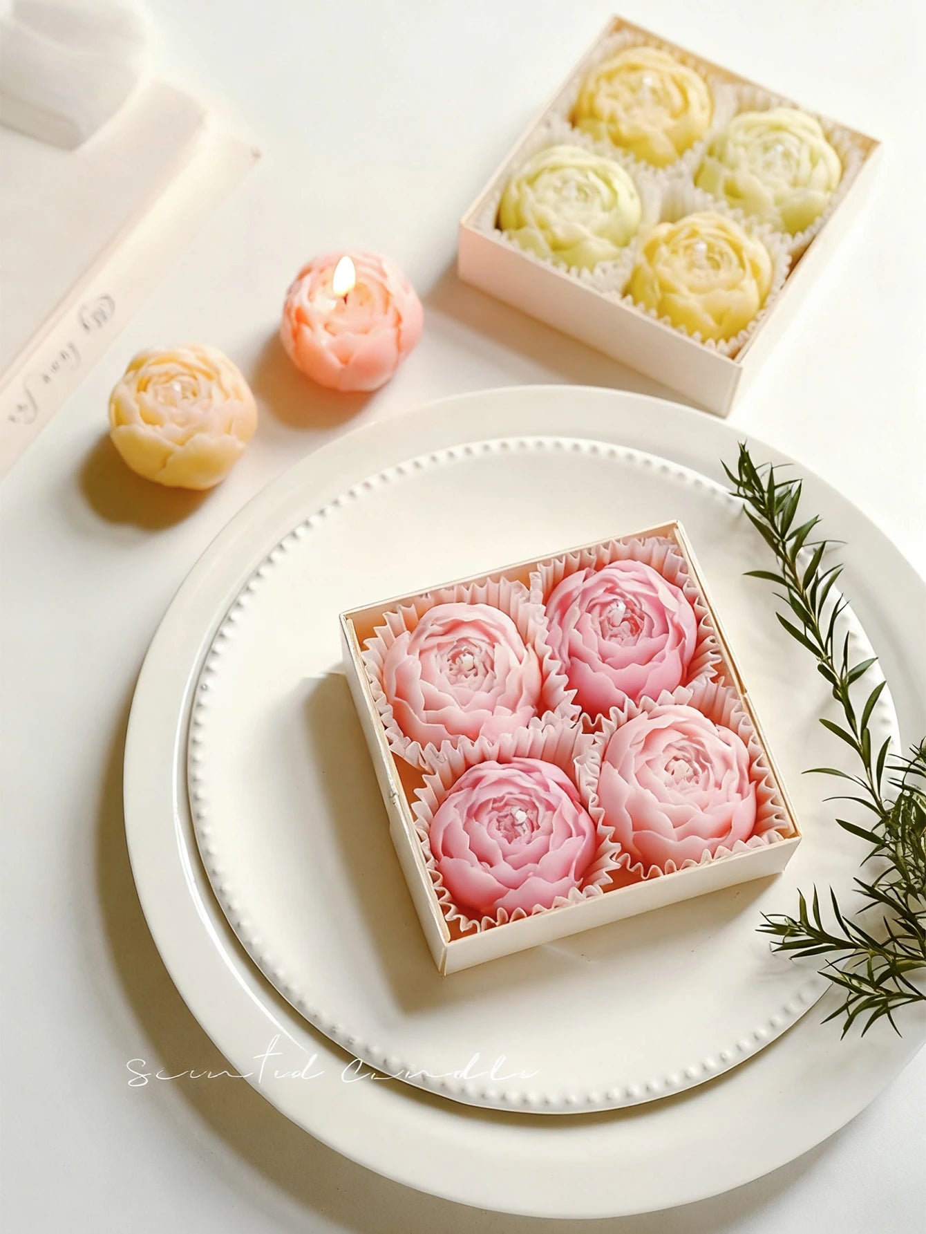 Rose candle gift box set with pink rose-shaped candles in a white tray box
