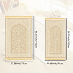 Cream and gold prayer rug with ornate arch medallion and gold-trim border
