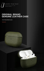 Dark green cowhide leather AirPods case, closed with textured pebble grain