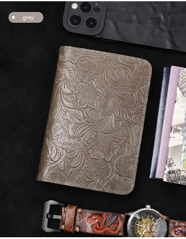 Leather travel folio in slate grey with embossed floral and swirl pattern