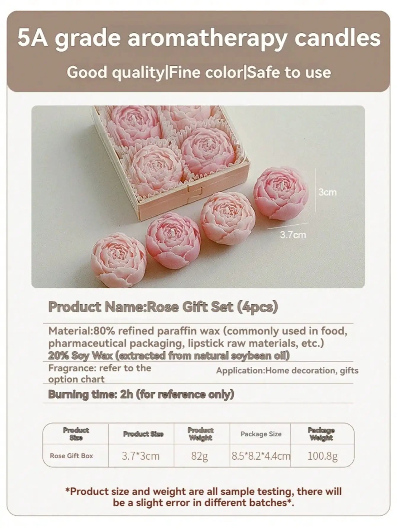 4-piece rose candle gift set information card with box and rose candle sizes