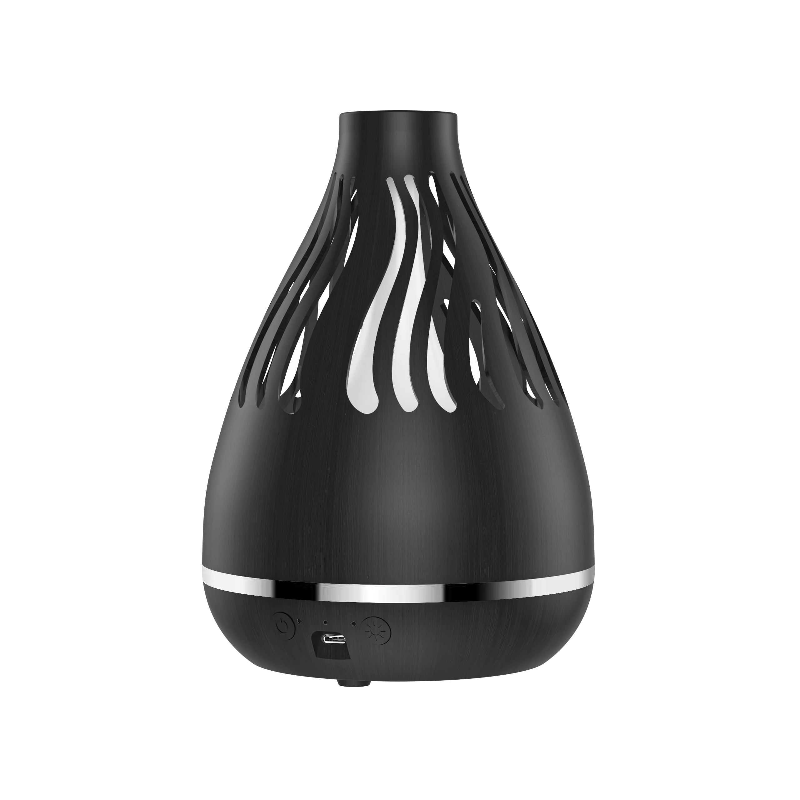 Black wood-grain aroma diffuser humidifier with vented top and silver base band.