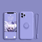 Silicone MagSafe phone case in lavender purple with circular ring and hand strap