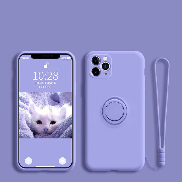 Silicone MagSafe phone case in lavender purple with circular ring and hand strap