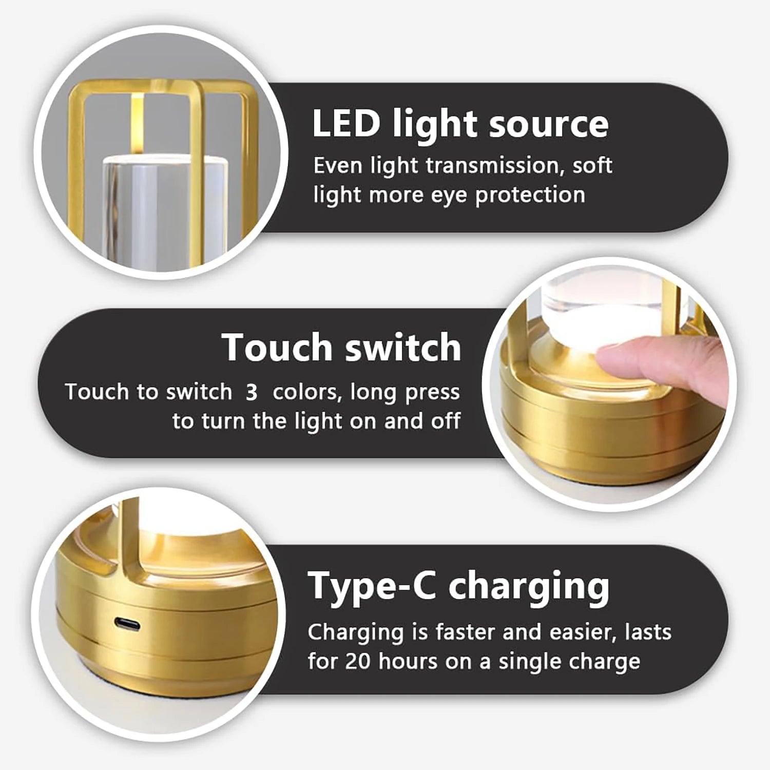 Gold cordless touch reading lamp features: touch switch and Type-C charging port