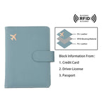Light blue passport cover with airplane emblem and snap flap closure; RFID blocking shown