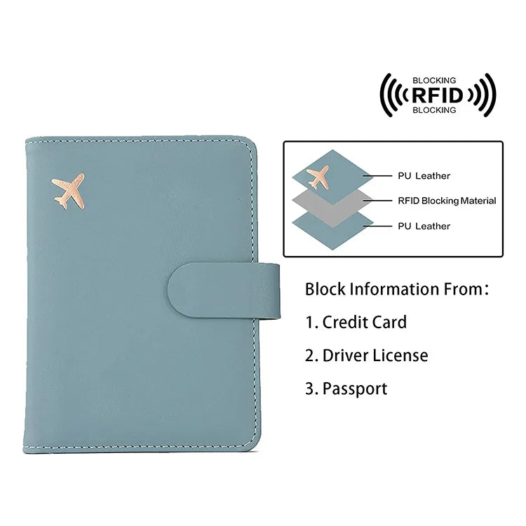 Light blue passport cover with airplane emblem and snap flap closure; RFID blocking shown
