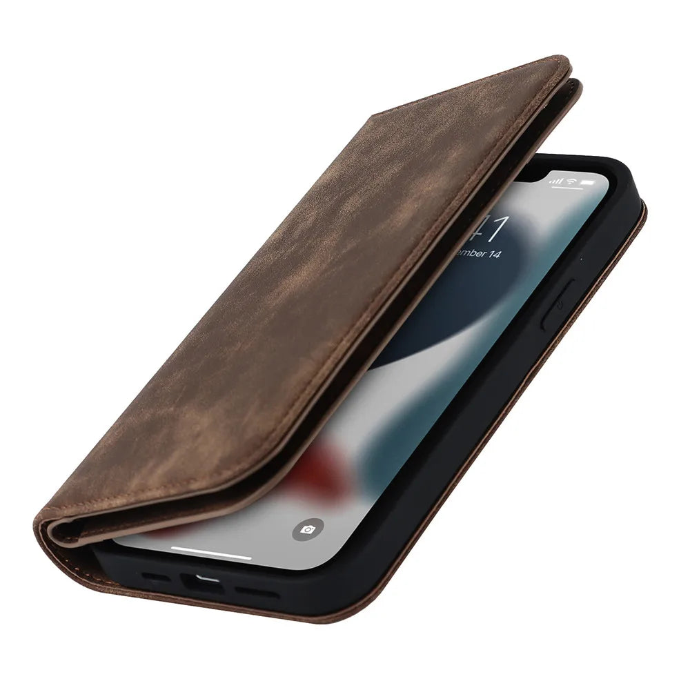 Kickstand MagSafe wallet in cognac brown with flip cover, phone seated