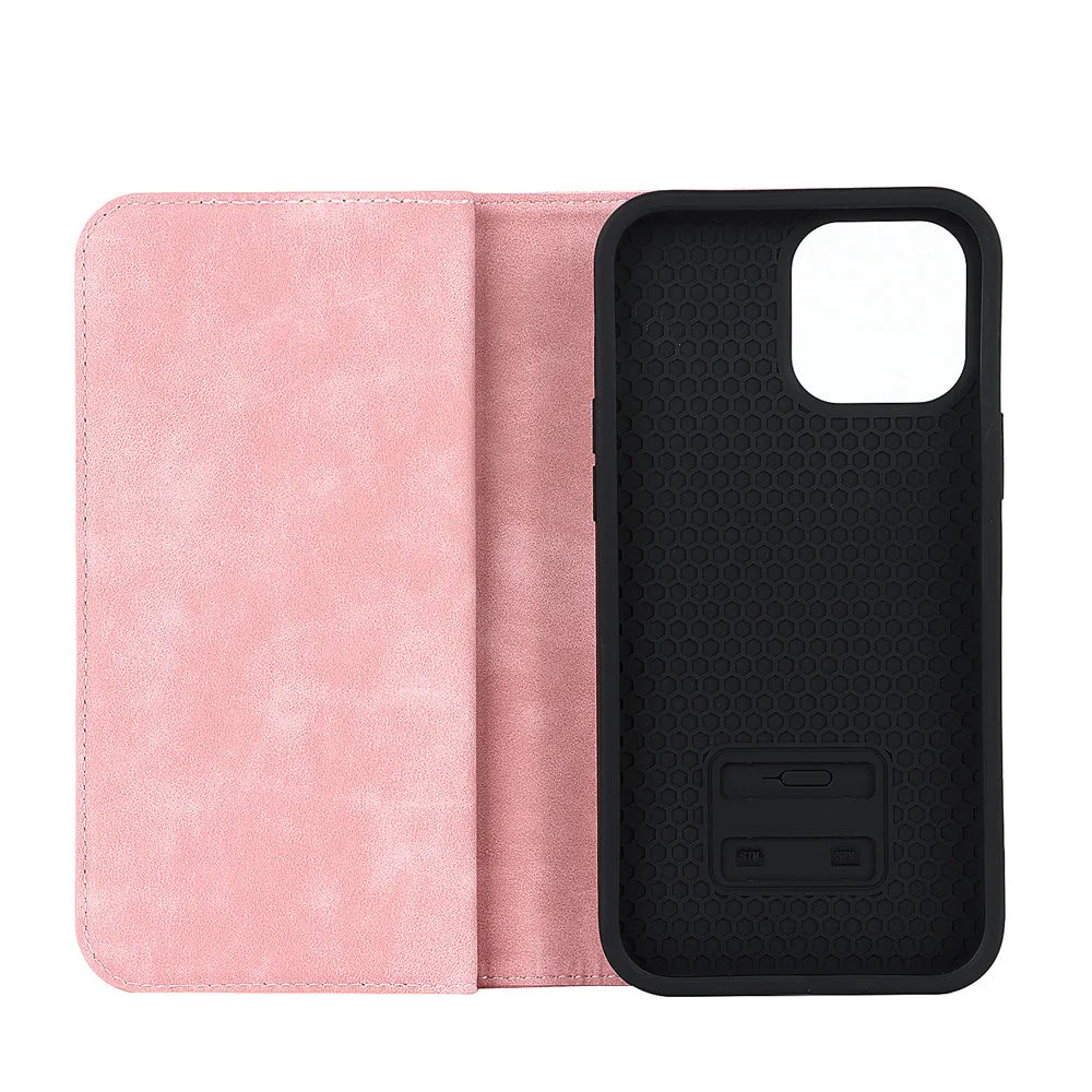 Blush pink MagSafe wallet folio with front cover and textured phone back case