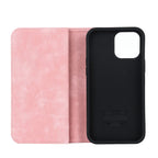 Blush pink MagSafe wallet folio with front cover and textured phone back case