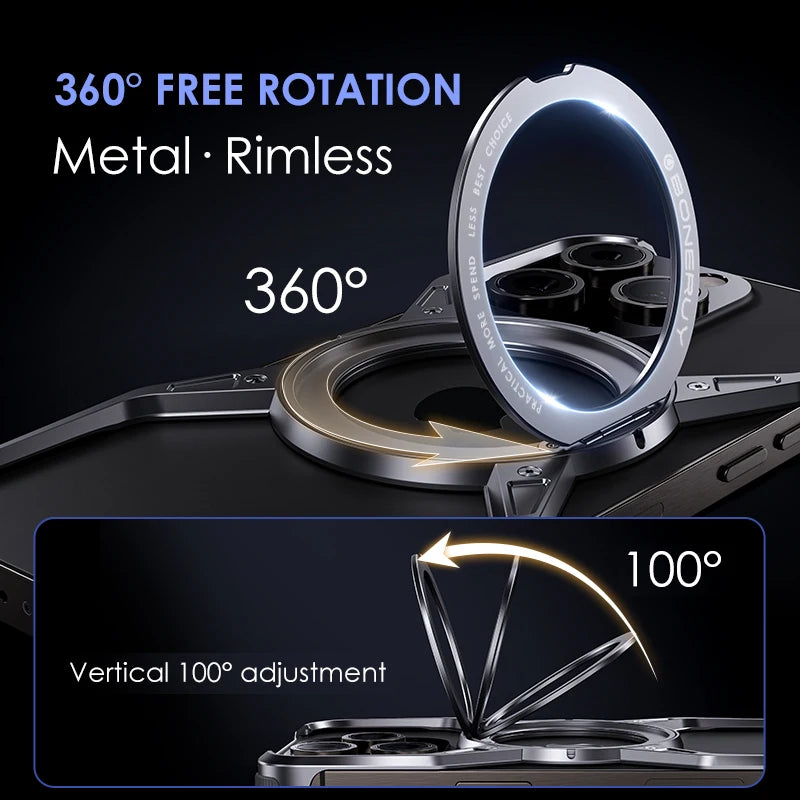 Metal rimless magnetic phone case with circular stand ring for 360° rotation
