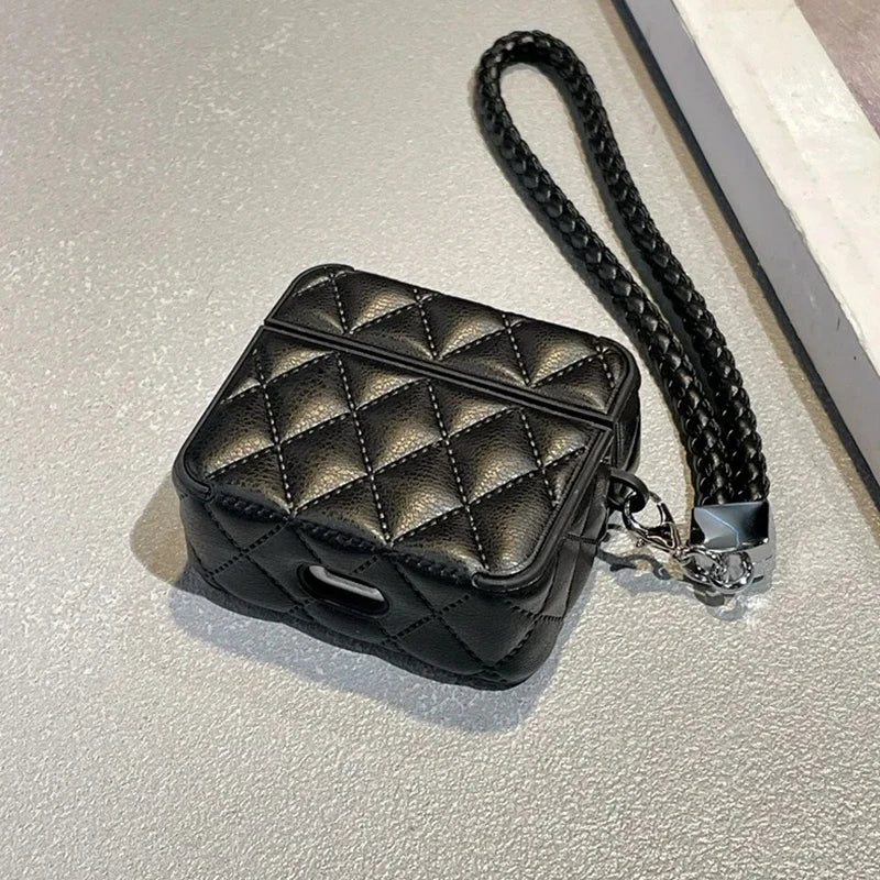 Black quilted leather AirPods case with braided lanyard strap