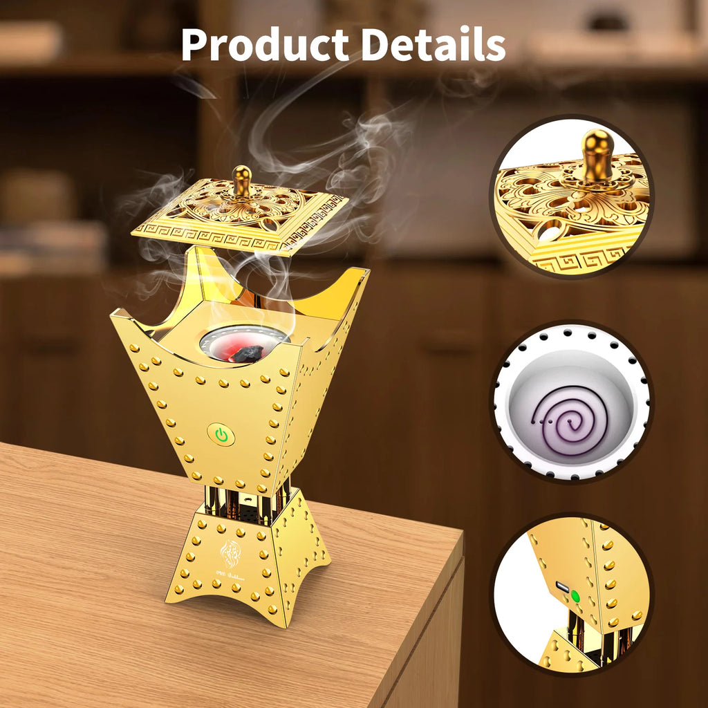 Gold electric incense burner detail view with burner well and power icon