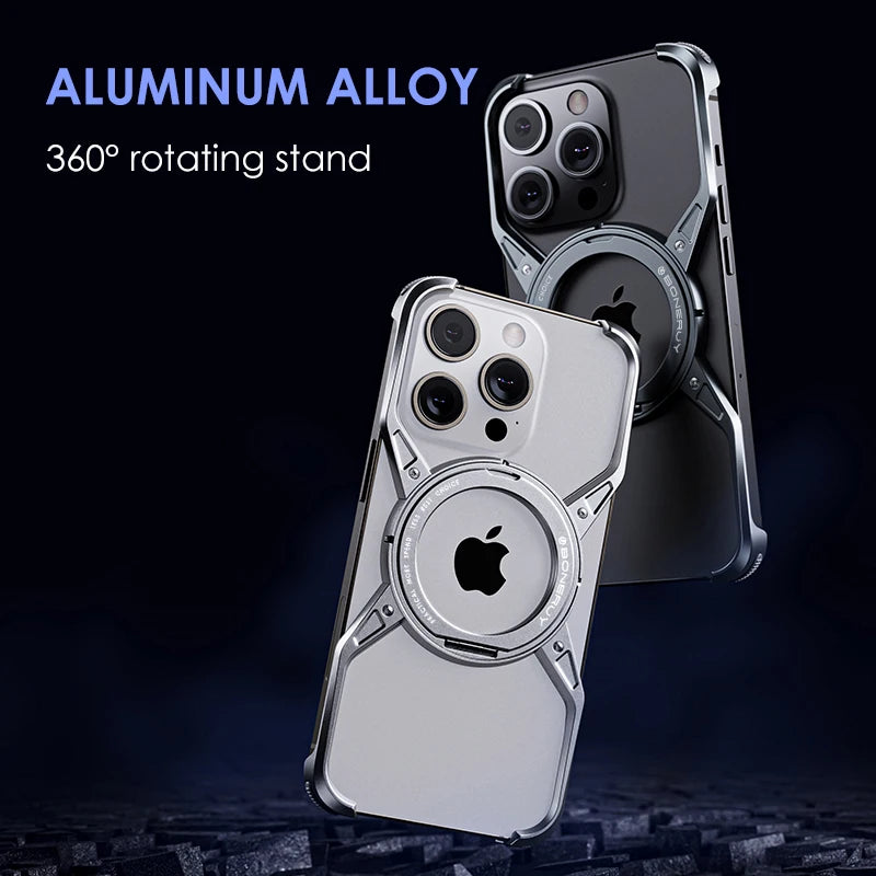 White and dark gray rimless magnetic phone case with circular MagSafe stand ring