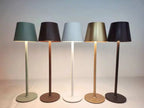 Wireless touch table lamps lineup with green, brown, white, gold, and black shades