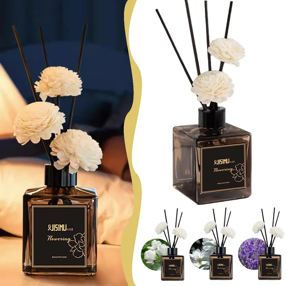 Mini reed diffuser bottle with black reeds and white flowers; half-side view plus matching set