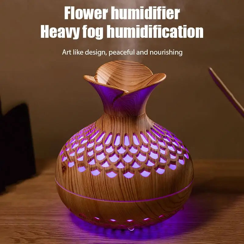 Flower mini vase humidifier with light wood grain body and purple LED glow