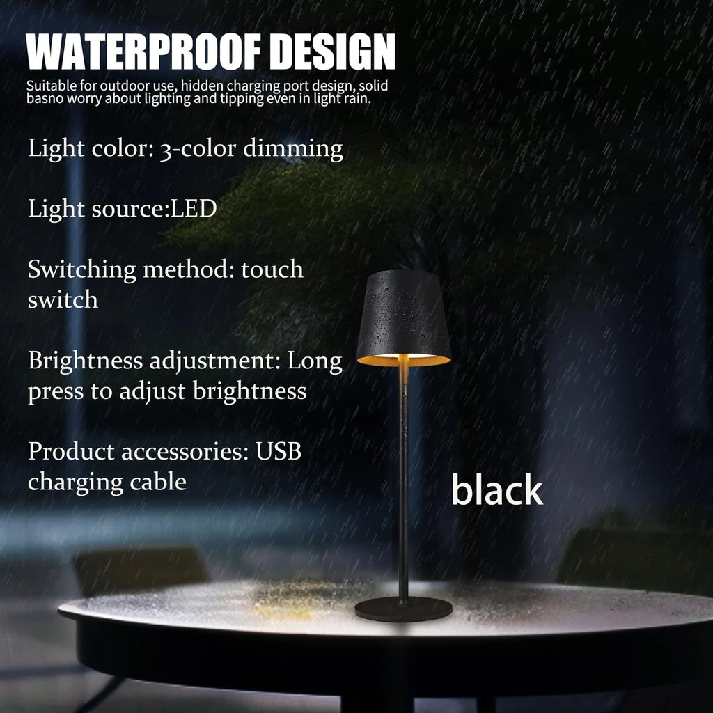 Black wireless touch table lamp on base with charging cable and touch control text