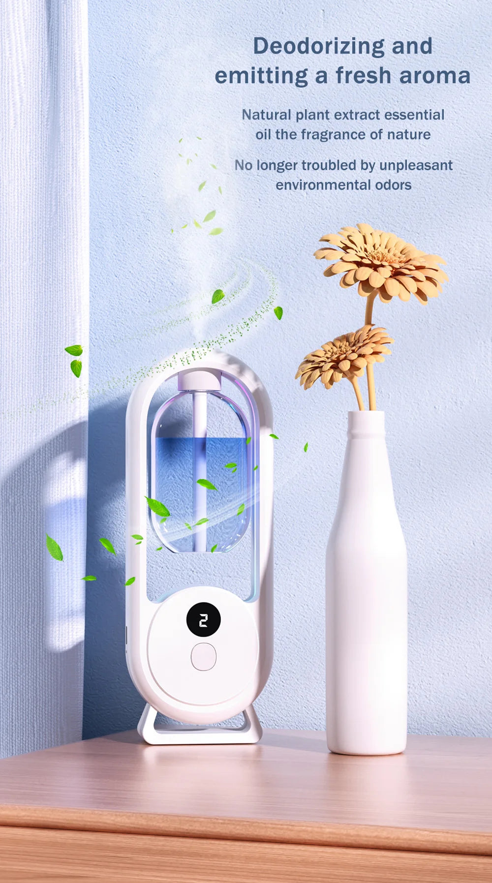 Portable rechargeable aroma diffuser, white body with blue LED glow and mist