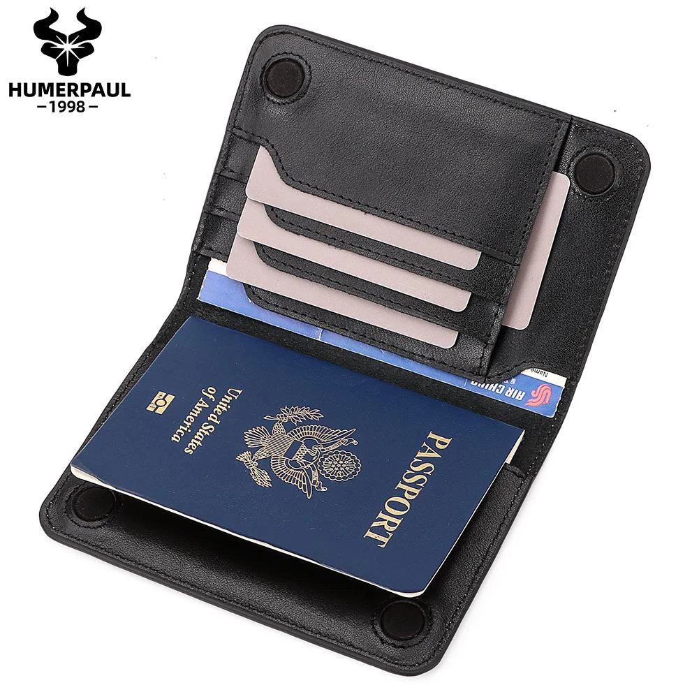 Dark slim leather passport wallet, open with card slots and passport cover