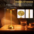 Golden cordless table lamp design with round base and textured stem