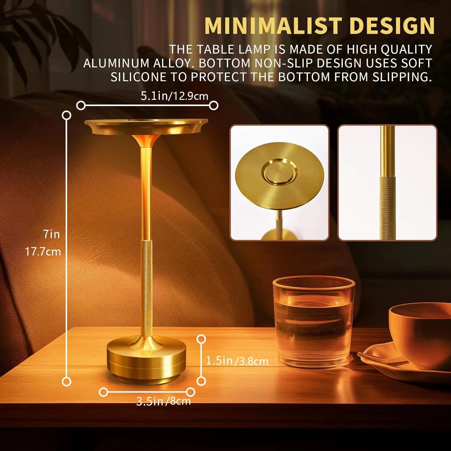 Golden cordless table lamp design with round base and textured stem