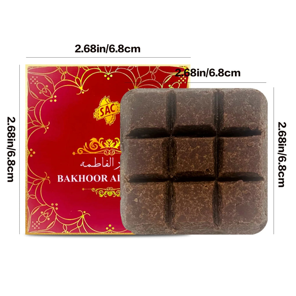 Dark bakhoor bricks set beside red Bakhoor Al Oud box, 6.8 cm