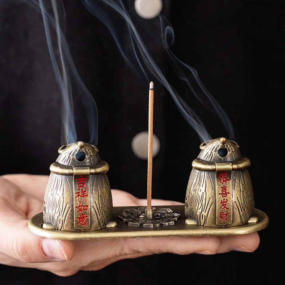 Twin cat incense holder base with center stick holder and two side burners