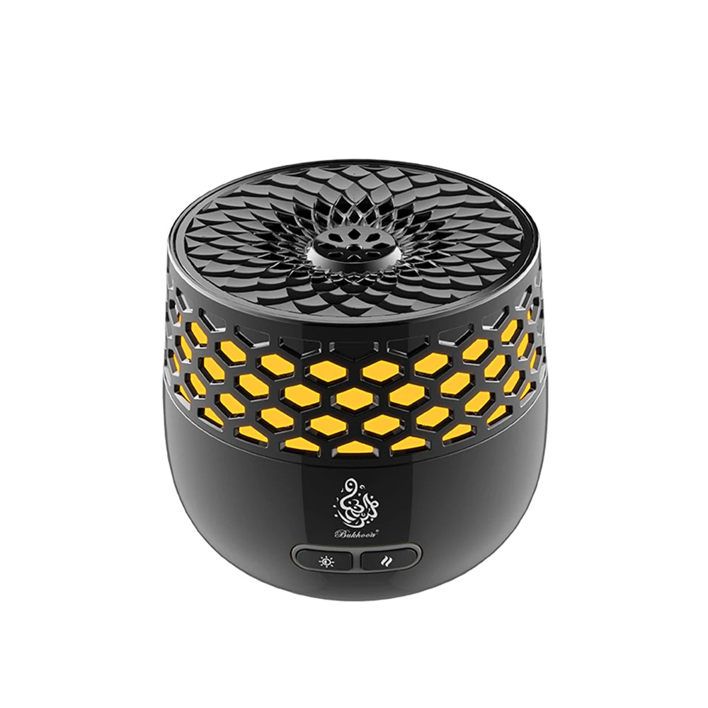 Seven-Light Electric Bakhoor Burner, black body with yellow hex light grille and lid fan