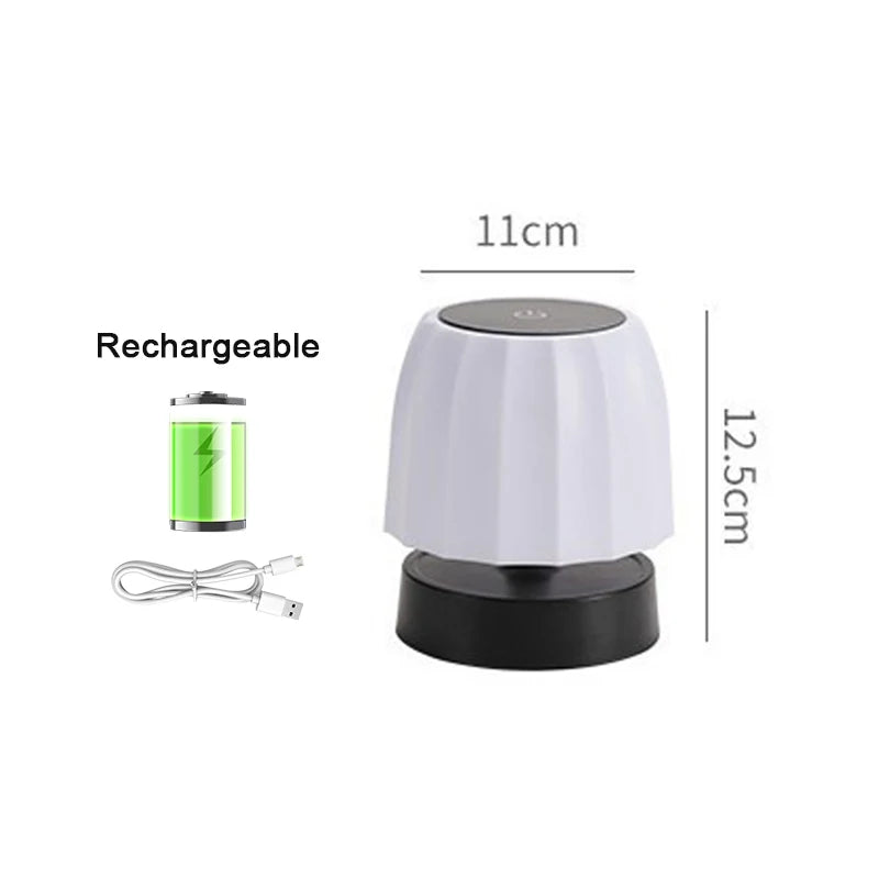 Rechargeable cordless LED lamp with white shade and black base; 11cm wide, 12.5cm tall