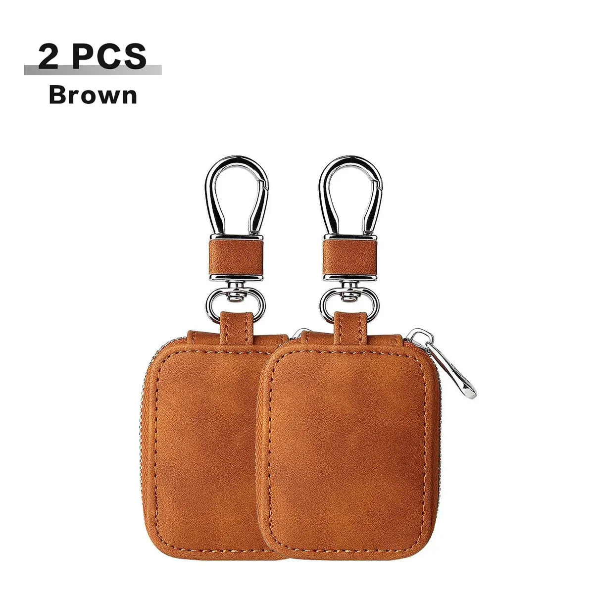 Leather AirPods travel case, brown twin pack with two keyrings and side zipper pulls