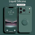 Dark green silicone MagSafe phone case with circular ring stand on back