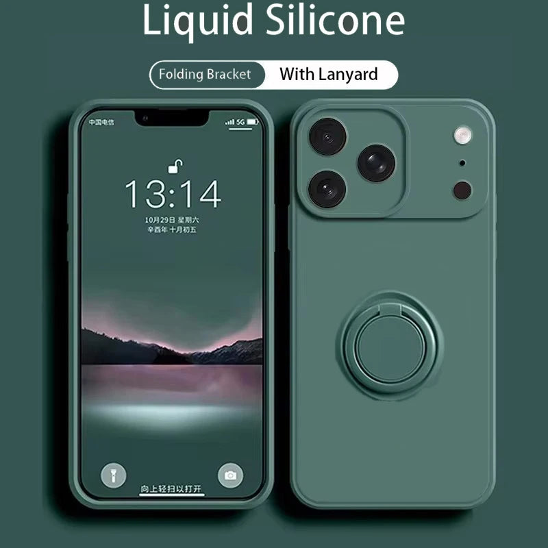 Dark green silicone MagSafe phone case with circular ring stand on back
