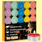 Tea light candle set, multi-color wax cups with white wicks and a silver metal tray