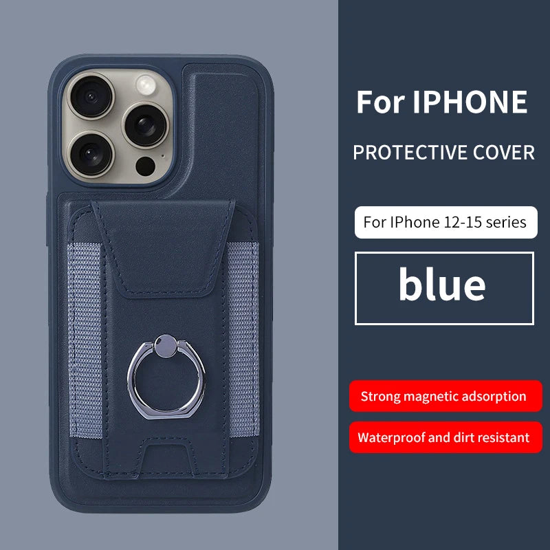 Blue magnetic card wallet with ring clasp and front card holder