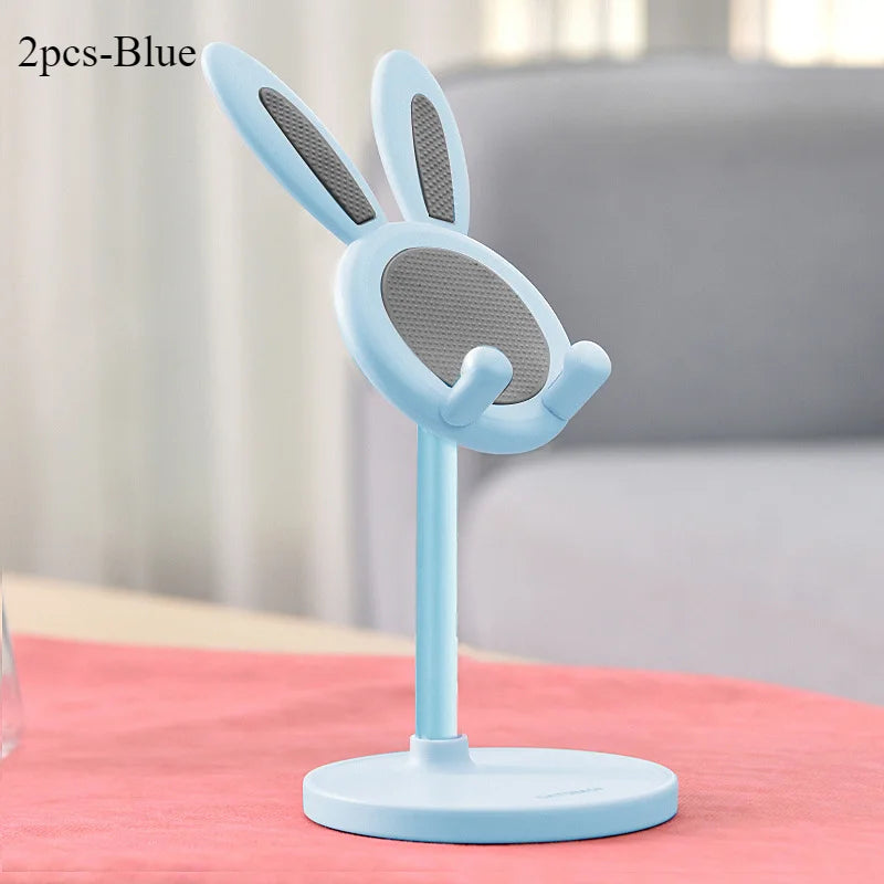 Blue rabbit lift phone stand with mesh ear panels and a round weighted base