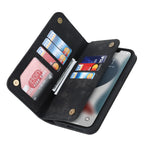 Black kickstand MagSafe wallet with card slots and phone screen showing