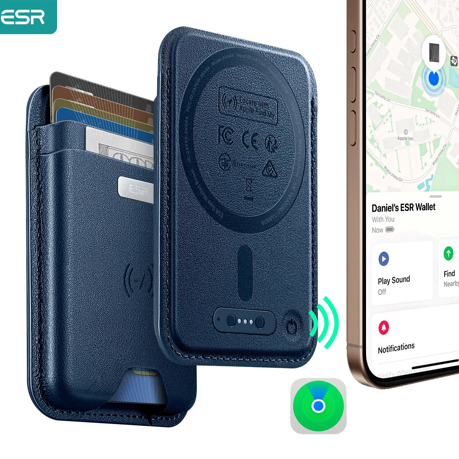 Find My Wallet mit Kartenfach, blaues Lederetui mit eingelassenem Sensorbereich