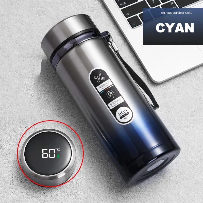 Cyan LED thermos flask with 60°C digital display on base button