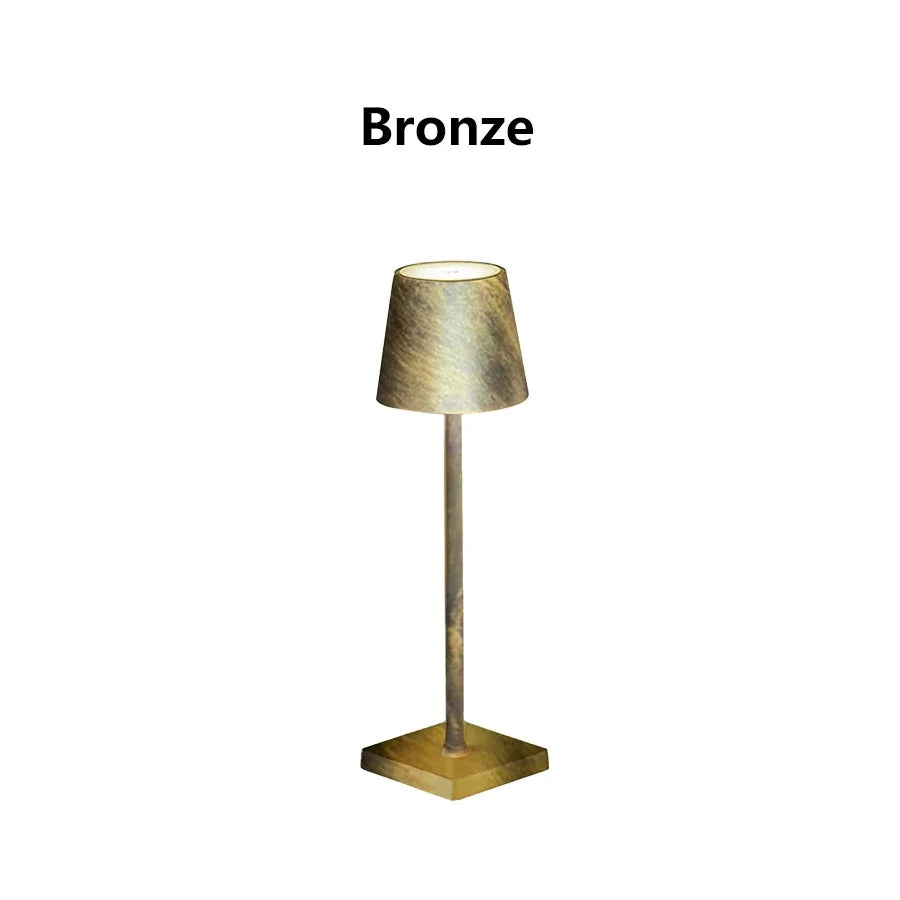 Bronze rechargeable desk lamp with fabric shade and square base