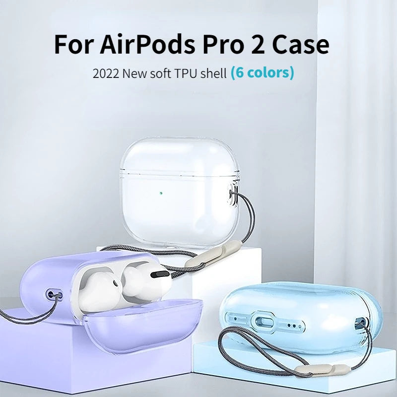 Clear TPU AirPods Pro 2 case with wrist strap, white earbuds in case