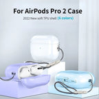 Clear TPU AirPods Pro 2 case with wrist strap, white earbuds in case