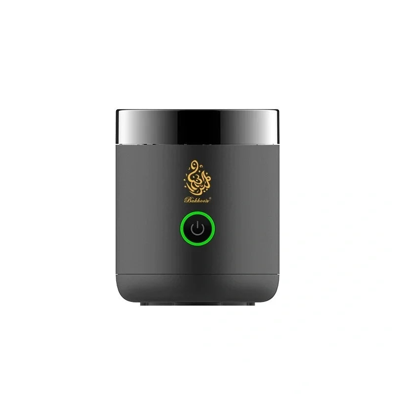 Black USB portable bakhoor burner front view with green power button