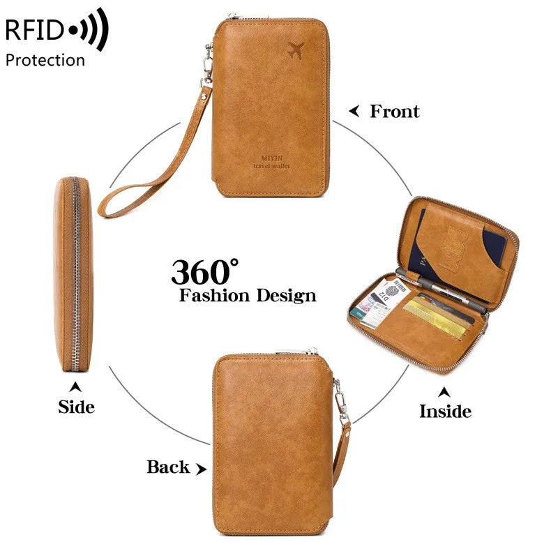 Tan RFID passport holder with wrist strap, front and back views shown; zip closure