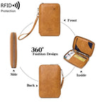 Tan RFID passport holder with wrist strap, front and back views shown; zip closure